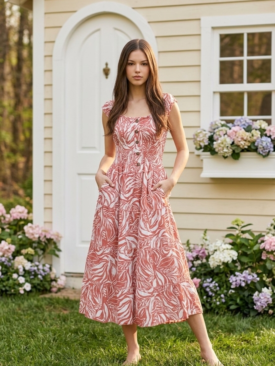 Dresses & Skirts - Floral Button-Front Midi Dress in Dusty Rose